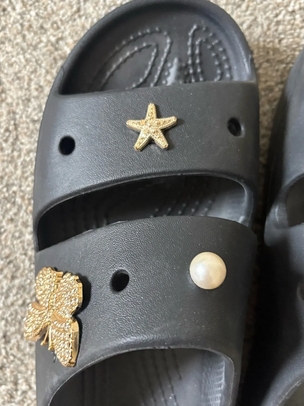 CROCS Black Double-Strap Kids Slide Sandals with Gold Charms